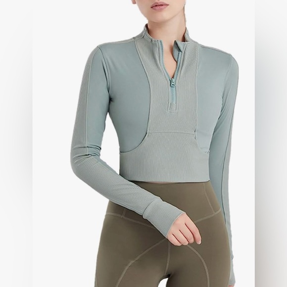 Sea Green Workout Cropped Long Sleeve Quarter Zipped - Picture 3 of 6
